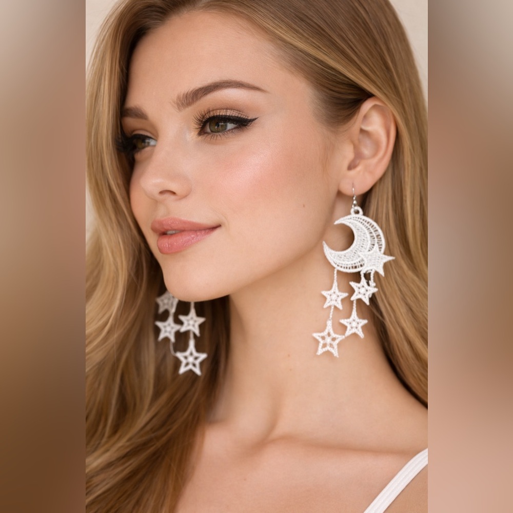 Elegant Embroidered Freestanding Lace Moon and Star Earrings.